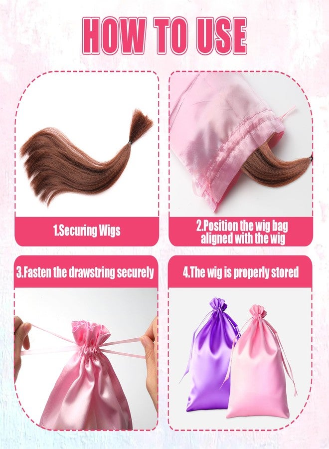 LUSTRIB 4Pcs Satin Wig Bags with Drawstring, Purple & Pink Silk Hair Storage Bags for Multiple Wigs, Hair Extensions, Weave Bundles and Braids (2 Purple + 2 Pink) - Image 4